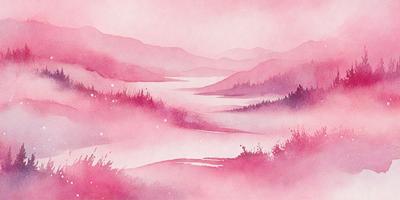 The primary subject of the image is a beautiful landscape featuring a large body of water, mountains, and a forest. The setting is a serene, pink-hued environment, which adds a sense of tranquility to the scene. The visual style of the image is a combination of digital art and illustration, creating a captivating and artistic representation of the landscape. The colors and mood of the image are predominantly pink, which gives the scene a warm and inviting atmosphere.