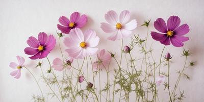 The primary subject of the image is a group of purple and white flowers. They are arranged in a visually appealing manner, with some flowers placed in the foreground and others in the background. The setting is a white wall, which serves as a clean and uncluttered backdrop for the flowers. The visual style of the image is a close-up of the flowers, showcasing their beauty and details. The colors and mood of the image are predominantly purple and white, creating a serene and cal
