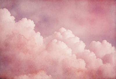 The primary subject of the image is a cloudy sky with pink clouds. The setting is a pink and purple sky, which creates a serene and calming atmosphere. The visual style is a painting, with the artist using a pink and purple color palette to create a unique and artistic representation of the cloudy sky.
