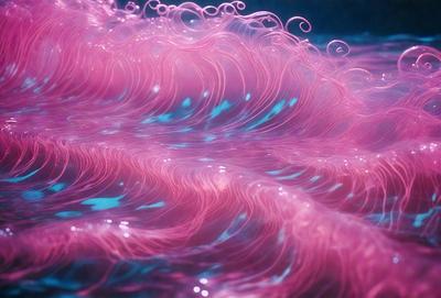 The primary subject of the image is a pink, flowing, and swirling mass of water. The setting is a body of water, and the visual style is a close-up of the water, showcasing its vibrant pink color. The colors and mood of the image are predominantly pink, creating a sense of warmth and tranquility.