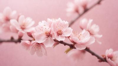 The primary subject of the image is a branch with pink flowers on it. The setting is a pink background, which creates a warm and inviting atmosphere. The visual style is a close-up of the flowers, showcasing their beauty and details. The colors and mood of the image are predominantly pink, which adds a sense of freshness and delicacy to the scene.