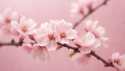 The primary subject of the image is a branch with pink flowers on it. The setting is a pink background, which creates a warm and inviting atmosphere. The visual style is a close-up of the flowers, showcasing their beauty and details. The colors and mood of the image are predominantly pink, which adds a sense of freshness and delicacy to the scene.