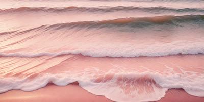 The primary subject of the image is a large wave crashing onto the beach. The setting is a beach with a pinkish hue, which adds a unique and vibrant atmosphere to the scene. The visual style of the image is a combination of photo and digital art, creating a dynamic and captivating representation of the ocean's power. The colors and mood of the image are predominantly pink, which gives the scene a warm and inviting feel.