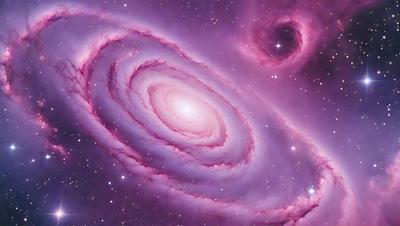 The primary subject of the image is a purple spiral galaxy, which is the main object, scene, or focus of the image. The galaxy is set against a backdrop of a starry night sky, creating a sense of depth and space. The visual style of the image is a combination of photo and digital art, as it captures the beauty of the galaxy in a unique and artistic manner. The colors and mood of the image are predominantly purple, which adds a sense of mystery and wonder to