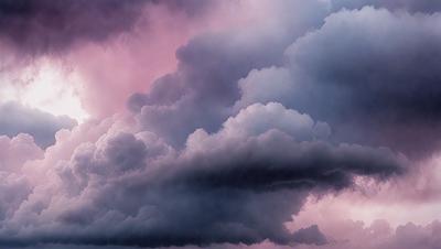 The primary subject of the image is a cloudy sky with dark clouds and a pinkish hue. The setting is a cloudy day, and the visual style is a photo. The colors and mood of the image are dark and moody, with the pinkish hue adding a touch of warmth to the otherwise gloomy atmosphere.