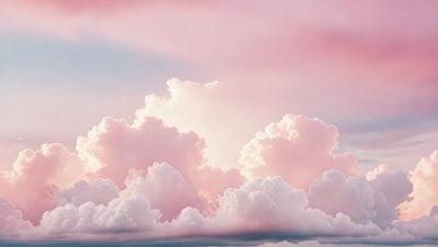 The primary subject of the image is a cloudy sky with pink and white clouds. The setting is a beautiful sunset, creating a serene and peaceful atmosphere. The visual style is a combination of photo and digital art, as the clouds are depicted in a realistic manner while the overall composition is artistic. The colors and mood of the image are predominantly pink and white, with the pink clouds creating a warm and inviting ambiance.