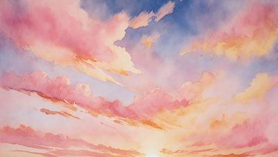 The primary subject of the image is a beautiful sunset with a pink sky. The setting is a cloudy sky, and the visual style is a painting or drawing. The colors and mood of the image are warm and serene, creating a peaceful atmosphere.