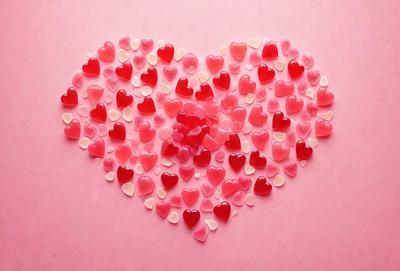 The primary subject of the image is a heart-shaped arrangement of pink and red hearts. The hearts are made of candy, and they are placed on a pink surface. The setting appears to be a table or a countertop, and the visual style is a close-up of the heart arrangement. The dominant colors in the image are pink and red, creating a warm and inviting atmosphere.