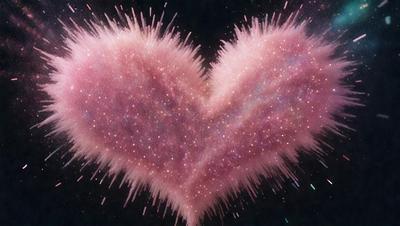 The primary subject of the image is a heart-shaped object, which appears to be a digital art or illustration. The heart is pink and has a sparkly texture, giving it a glittery and eye-catching appearance. The setting or background of the image is a dark space, which contrasts with the bright and vibrant heart. The visual style of the image is a combination of digital art and illustration, creating a unique and captivating scene. The colors and mood of the image are predomin