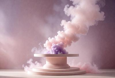 The primary subject of the image is a white, round, cloud-like structure, which appears to be a sculpture or a piece of art. The setting is a pink background, which adds a contrasting color to the scene. The visual style of the image is a combination of photo and digital art, creating a unique and artistic representation of the cloud-like structure. The colors and mood of the image are predominantly pink and purple, giving it a soft and dreamy atmosphere.