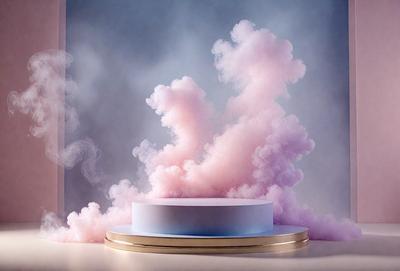 The primary subject of the image is a large, pink, swirling cloud. The cloud is floating in a purple and pink sky, creating a visually striking scene. The setting appears to be a studio or a controlled environment, as the cloud is positioned on a table or a stand. The visual style of the image is a combination of photo and digital art, creating a unique and artistic representation of the cloud. The dominant colors in the image are pink and purple, giving the scene a warm and vibr