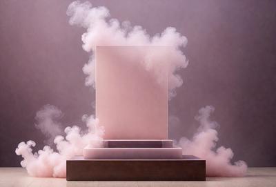 The primary subject of the image is a pink box with smoke coming out of it. The setting is a room with a purple wall, and the visual style appears to be a photo. The colors and mood of the image are predominantly pink and purple, creating a warm and inviting atmosphere.