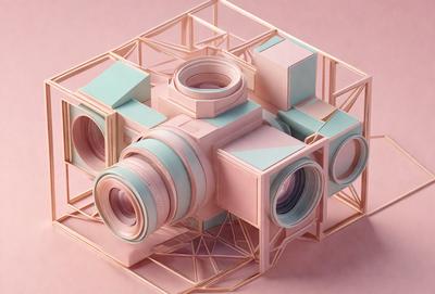 The primary subject of the image is a 3D model of a camera. The setting is a pink background, which adds a vibrant and warm atmosphere to the scene. The visual style is a combination of digital art and illustration, as the camera is depicted in a creative and artistic manner. The colors and mood of the image are predominantly pink, which gives it a soft and inviting appearance.