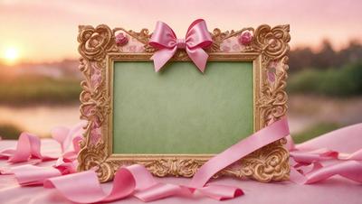 The primary subject of the image is a framed picture with a pink bow on it. The setting is a pink background, which adds a warm and feminine touch to the scene. The visual style is a combination of a photo and digital art, creating a unique and eye-catching presentation. The colors and mood of the image are predominantly pink, giving it a cheerful and inviting atmosphere.