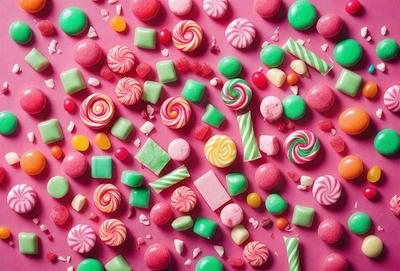 The primary subject of the image is a close-up of a variety of colorful candy, including lollipops, gum drops, and other types of candy. The setting is a pink surface, which adds a vibrant and playful touch to the scene. The visual style is a close-up, focusing on the details of the candy. The colors and mood of the image are predominantly bright and cheerful, with the candy's colors and the pink surface creating a