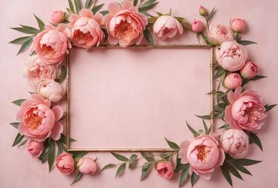 The primary subject of the image is a pink frame with a wreath of flowers, including peonies, surrounding it. The flowers are arranged in a circular pattern, creating a visually appealing and elegant display. The setting is a pink background, which complements the flowers and the frame, giving the image a warm and inviting atmosphere. The visual style is a combination of digital art and illustration, as the flowers are carefully arranged and the frame is designed to look like a picture frame. The colors and mood of