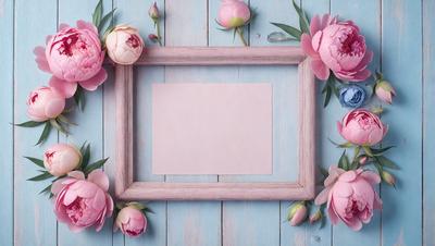 The primary subject of the image is a pink frame with a blank card inside. The setting is a blue background, and the visual style appears to be a photo. The colors and mood of the image are predominantly pink, creating a warm and inviting atmosphere.