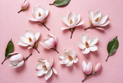 The primary subject of the image is a bouquet of white flowers, which are arranged in a visually appealing manner. The flowers are placed on a pink background, which adds a touch of color to the scene. The visual style of the image is a close-up of the flowers, showcasing their details and beauty. The colors and mood of the image are predominantly white and pink, creating a sense of freshness and elegance.