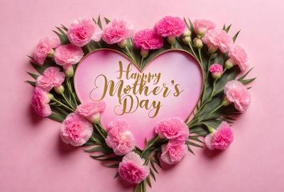The primary subject of the image is a heart-shaped arrangement of pink flowers, which are the main objects in the scene. The heart is placed on a pink background, creating a visually appealing and warm atmosphere. The visual style of the image is a combination of photo and digital art, as it features a close-up of the flowers and a pink background. The colors and mood of the image are predominantly pink, which is associated with love, affection, and celebration.