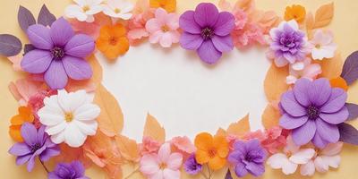 The primary subject of the image is a white frame with a purple border, adorned with a variety of flowers. The flowers are arranged in a circular pattern, creating a visually appealing and colorful display. The setting is a white background, which provides a clean and uncluttered look for the flowers. The visual style of the image is a combination of digital art and illustration, as the flowers are carefully placed and the overall composition is well-executed. The colors and mood of the image are predominantly
