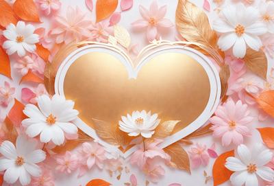 The primary subject of the image is a heart-shaped piece of artwork, which is made of gold and features a flower design. The setting is a white background, and the visual style appears to be a combination of digital art and illustration. The heart is adorned with pink flowers, and the overall atmosphere is elegant and romantic.