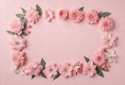 The primary subject of the image is a beautiful arrangement of pink flowers. The flowers are arranged in a circle, creating a visually appealing and harmonious display. The setting is a pink background, which complements the flowers and adds to the overall aesthetic of the image. The visual style is a close-up of the flowers, allowing the viewer to appreciate the details and beauty of each individual petal. The colors and mood of the image are predominantly pink, which evokes feelings of warm