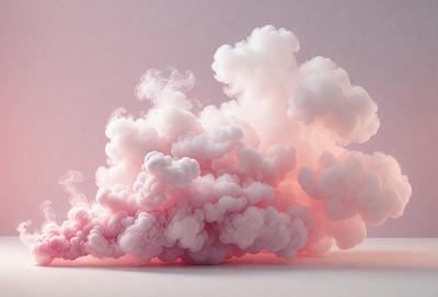 The primary subject of the image is a large, pink, fluffy cloud. The cloud is floating in a pink background, giving the scene a soft and dreamy atmosphere. The visual style of the image is a combination of photo and digital art, creating a unique and artistic representation of the cloud. The colors and mood of the image are predominantly pink, which adds a sense of warmth and tranquility to the scene.