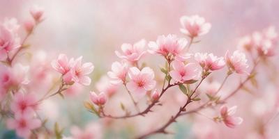 The primary subject of the image is a close-up of a branch with pink flowers. The setting is a pink and white floral background, which adds to the overall mood of the image. The visual style is a photo, capturing the beauty of the flowers and their surroundings. The colors and mood of the image are predominantly pink and white, creating a serene and calming atmosphere.