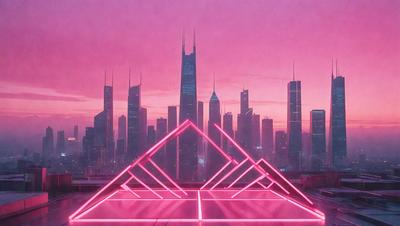 The primary subject of the image is a large, illuminated triangle in the foreground. The setting is a cityscape with tall buildings in the background. The visual style is a combination of photo and digital art, creating a unique and eye-catching effect. The dominant colors are pink and purple, giving the scene a warm and inviting atmosphere.