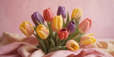 The primary subject of the image is a bouquet of colorful tulips. The bouquet is composed of various colors, including yellow, purple, and orange. The tulips are arranged in a vase, which is placed on a pink surface. The setting appears to be a cozy and inviting environment, with the bouquet serving as a decorative element. The visual style of the image is a close-up of the bouquet, highlighting the vibrant colors and details of the tulips.