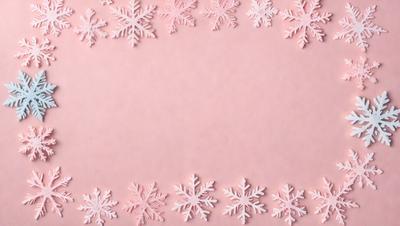 The primary subject of the image is a pink background with a pattern of white snowflakes. The setting is a pink surface, and the visual style is a combination of digital art and illustration. The dominant colors are pink and white, creating a warm and inviting atmosphere.