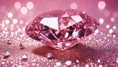 The primary subject of the image is a large, pink, cut-glass diamond. The setting is a pink background, which adds to the overall mood of the image. The visual style is a close-up of the diamond, showcasing its beauty and details. The colors and mood of the image are predominantly pink, creating a warm and elegant atmosphere.
