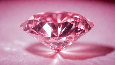 The primary subject of the image is a large, pink, cut-cornered diamond. The diamond is placed on a pink surface, which adds to the overall color scheme of the image. The visual style of the image is a close-up of the diamond, showcasing its unique cut and shape. The colors and mood of the image are predominantly pink, giving it a warm and elegant appearance.