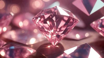 The primary subject of the image is a large, pink, cut diamond. The setting is a dark background, which contrasts with the bright pink color of the diamond. The visual style appears to be a digital art or illustration, as the diamond is depicted in a stylized manner. The colors and mood of the image are predominantly pink, creating a warm and elegant atmosphere.