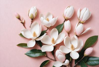 The primary subject of the image is a bouquet of white flowers, which are the main focus of the scene. The flowers are arranged in a vase, and they are placed on a pink background, creating a visually appealing contrast. The visual style of the image is a photo, capturing the beauty of the flowers in their natural setting. The colors and mood of the image are predominantly white and pink, giving it a delicate and serene atmosphere.