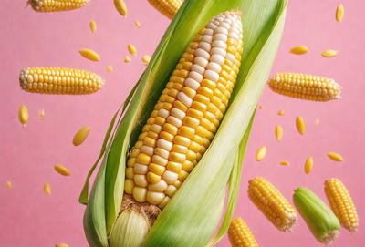 The primary subject of the image is a close-up of a corn plant with multiple ears of corn. The setting is a pink background, which adds a vibrant and lively atmosphere to the scene. The visual style is a combination of photo and digital art, creating a realistic yet artistic representation of the corn plant. The colors and mood are predominantly warm and inviting, with the pink background and the yellow corn creating a sense of freshness and abundance.