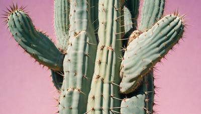 The primary subject of the image is a large cactus with many spines. The cactus is green and has a prominent spine structure. The setting is a desert-like environment, with a pink sky in the background. The visual style is a close-up of the cactus, showcasing its unique features. The colors and mood of the image are predominantly green and pink, creating a natural and serene atmosphere.