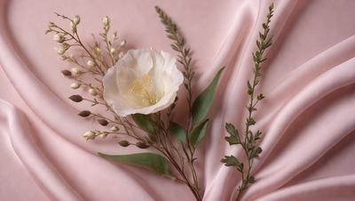 The primary subject of the image is a white flower with a yellow center, which is placed on a pink background. The visual style of the image is a close-up of the flower, showcasing its details. The colors and mood of the image are predominantly pink and white, creating a delicate and elegant atmosphere.