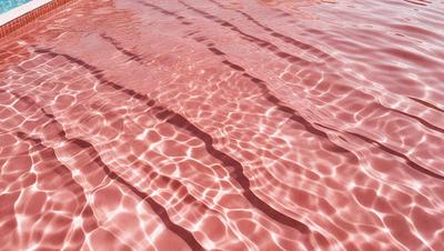 The primary subject of the image is a body of water, possibly a lake or a pond, with a reddish hue. The water appears to be murky and has a pinkish tint. The setting is outdoors, with the water being the main focus of the scene. The visual style of the image is a close-up of the water, capturing its unique color and texture. The colors and mood of the image are predominantly pink and somewhat mysterious, creating an intriguing and