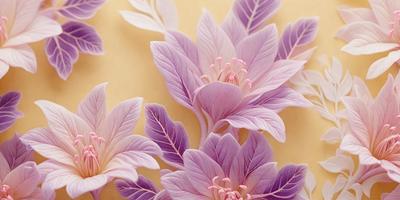 The primary subject of the image is a close-up of a purple flower with pink petals. The flower is surrounded by other purple flowers, creating a beautiful and vibrant scene. The setting is a yellow wall, which serves as a contrasting background for the flowers. The visual style of the image is a combination of digital art and illustration, showcasing the intricate details of the flowers. The dominant colors in the image are purple and pink, creating a serene and calming atmosphere.