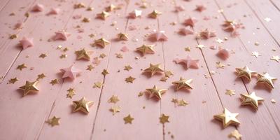 The primary subject of the image is a pink surface with gold stars scattered across it. The setting appears to be a table or a similar surface. The visual style of the image is a combination of photo and digital art, creating a unique and eye-catching pattern. The colors and mood of the image are predominantly pink and gold, giving it a warm and inviting atmosphere.