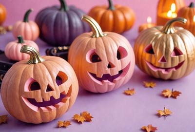 The primary subject of the image is a group of pumpkins, which are the main objects in the scene. The pumpkins are placed on a purple surface, creating a visually appealing contrast. The setting appears to be a table or a countertop, where the pumpkins are displayed. The visual style of the image is a combination of photo and digital art, as it captures the realistic appearance of the pumpkins while also showcasing their arrangement on the purple surface. The colors and mood of