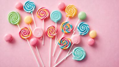 The primary subject of the image is a group of colorful lollipops. There are six lollipops in total, each with different colors and patterns. They are arranged on a pink surface, which serves as the setting or background of the image. The visual style of the image is a close-up of the lollipops, showcasing their vibrant colors and unique designs. The overall atmosphere of the image is cheerful and playful, as the lollipops are a popular treat often associated with
