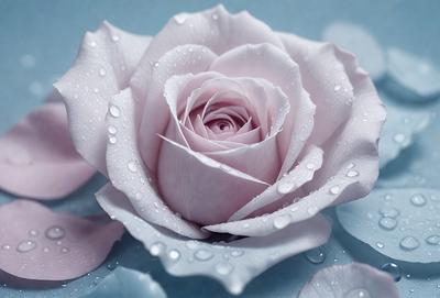 The primary subject of the image is a single white rose. The rose is placed on a blue surface, which could be a table or a counter. The visual style of the image is a close-up of the rose, showcasing its details and beauty. The colors in the image are predominantly white and blue, creating a serene and elegant atmosphere.