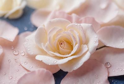 The primary subject of the image is a white rose with a yellow center, sitting on a blue surface. The rose is surrounded by other pink flowers, creating a beautiful and vibrant scene. The visual style of the image is a close-up of the rose, showcasing its details and beauty. The colors and mood of the image are predominantly pink and white, giving it a delicate and elegant appearance.