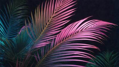 The image features a close-up of a pink and purple palm tree with its leaves. The tree is located in a dark environment, possibly a night scene. The colors of the palm tree are predominantly pink and purple, creating a unique and vibrant atmosphere. The visual style of the image is a close-up, which emphasizes the details of the palm tree's leaves.