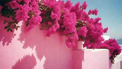 The primary subject of the image is a pink flowering plant with purple flowers. The plant is growing on a pink wall, which adds a vibrant and lively atmosphere to the scene. The visual style of the image is a photo, capturing the beauty of the plant and its surroundings. The colors and mood of the image are predominantly pink and vibrant, creating a cheerful and lively ambiance.