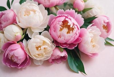 The primary subject of the image is a bouquet of pink and white flowers. The flowers are arranged in a vase, creating a beautiful and elegant display. The setting is a pink background, which adds a touch of warmth and softness to the scene. The visual style of the image is a close-up of the flowers, allowing the viewer to appreciate the details and beauty of the bouquet. The colors and mood of the image are predominantly pink and white, giving it a delicate and serene