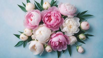 The primary subject of the image is a bouquet of pink and white flowers. The flowers are arranged in a vase, creating a beautiful and elegant display. The setting is a blue background, which complements the colors of the flowers and adds a sense of depth to the image. The visual style is a close-up of the flowers, allowing the viewer to appreciate the details and beauty of the bouquet. The colors and mood of the image are predominantly pink and white, creating a sense of warmth and fresh