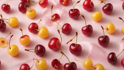 Cherries are the primary subject of the image, with a close-up view of the fruit. The cherries are arranged in a pattern, creating a visually appealing display. The setting is a pink surface, which adds a touch of color to the scene. The visual style is a close-up of the cherries, showcasing their details and texture. The colors and mood of the image are predominantly pink and red, giving it a warm and inviting atmosphere.